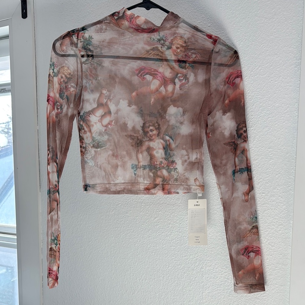 Sheer Angel Print Long Sleeve Top